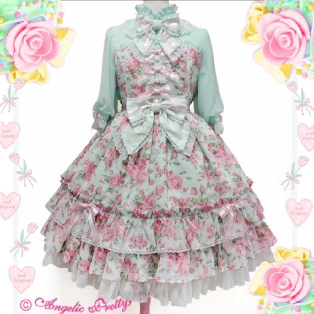 Angelic Pretty Dramatic Rose Mint pastel OP dress Set fairycore cottagecore